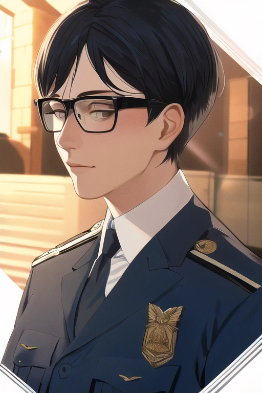 [NovelAI] saludo cabello muy corto cabello corto gafas luz del sol Obra maestra hombre uniforme de policía [Ilustración]